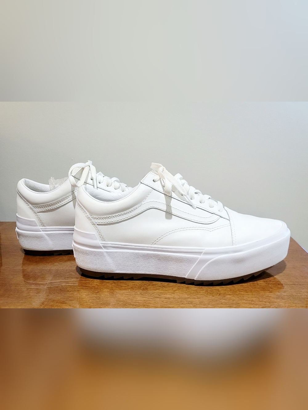 Vans Old Skool Stacked True White Leather Platform Shoes Womens 11 Mens 9.5